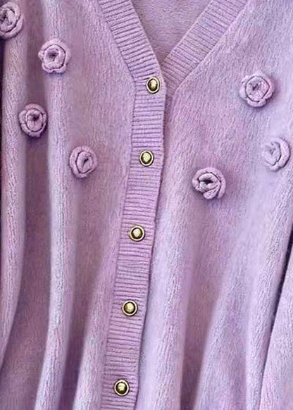 Loose Purple V Neck Button Knit Cardigans Fall