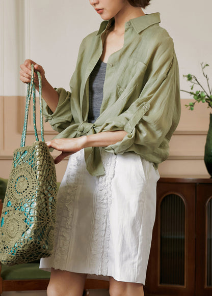 Italian Coffee Backless Button Linen Blouses Fall