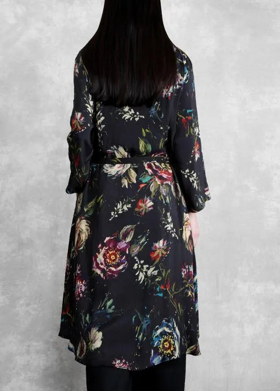 Organic Black Print Clothes Tie Waist Cardigan Coat