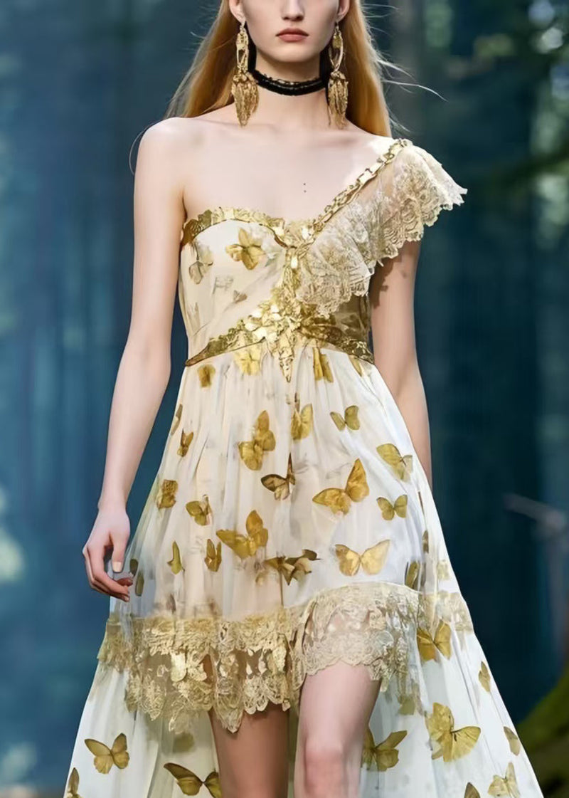One Shoulder Butterfly Print Chiffon Vestidos Dresses Summer