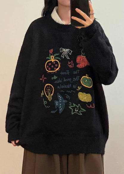 Loose Black O Neck Print Knit Sweater Spring