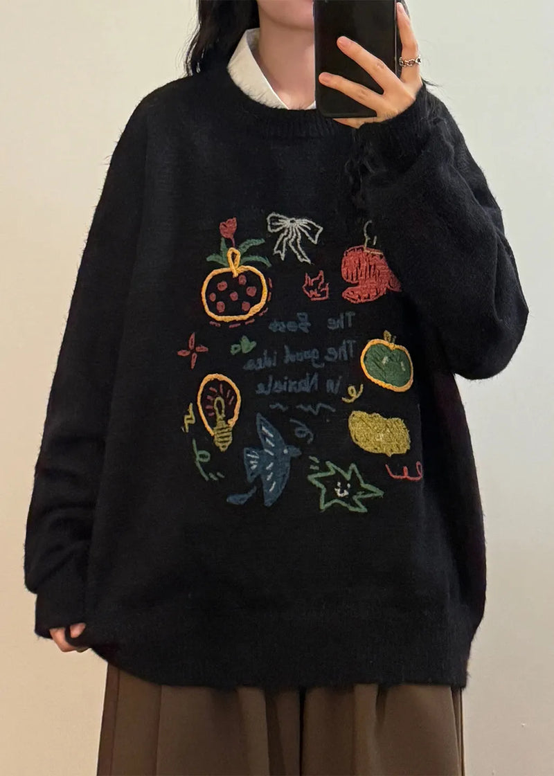 Loose Black O Neck Print Knit Sweater Spring