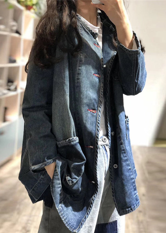 Blue O Neck Pockets Button Patchwork Denim Coat Fall