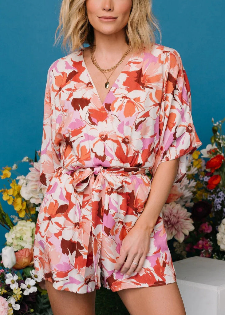 Pink V Neck Print Pockets Jumpsuits Summer