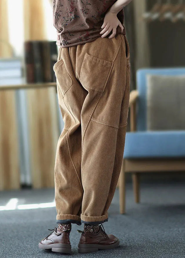Brown Patchwork Thick Corduroy Pants Elastic Waist Winter