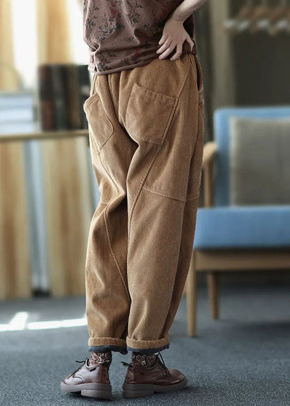 Brown Patchwork Thick Corduroy Pants Elastic Waist Winter