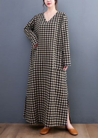 V Neck Plaid Pockets Cotton Long Dress Summer