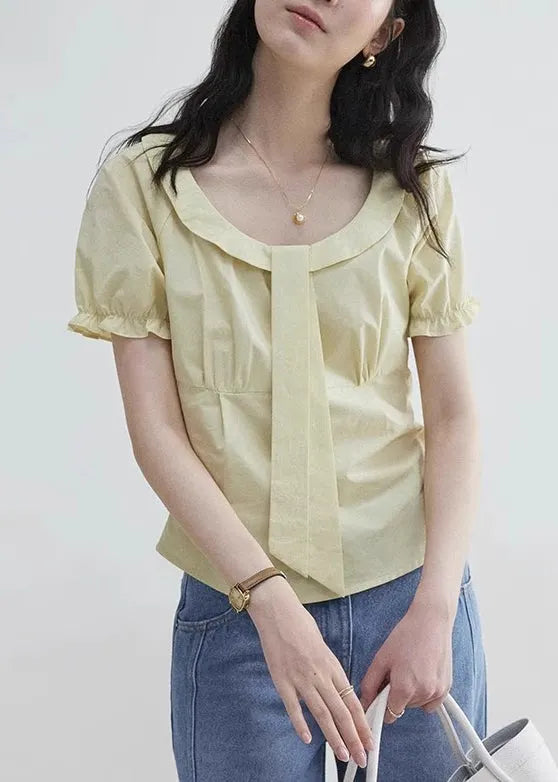 Elegantyellow Wrinkled Zippered Cotton Blouses Puff Sleeve