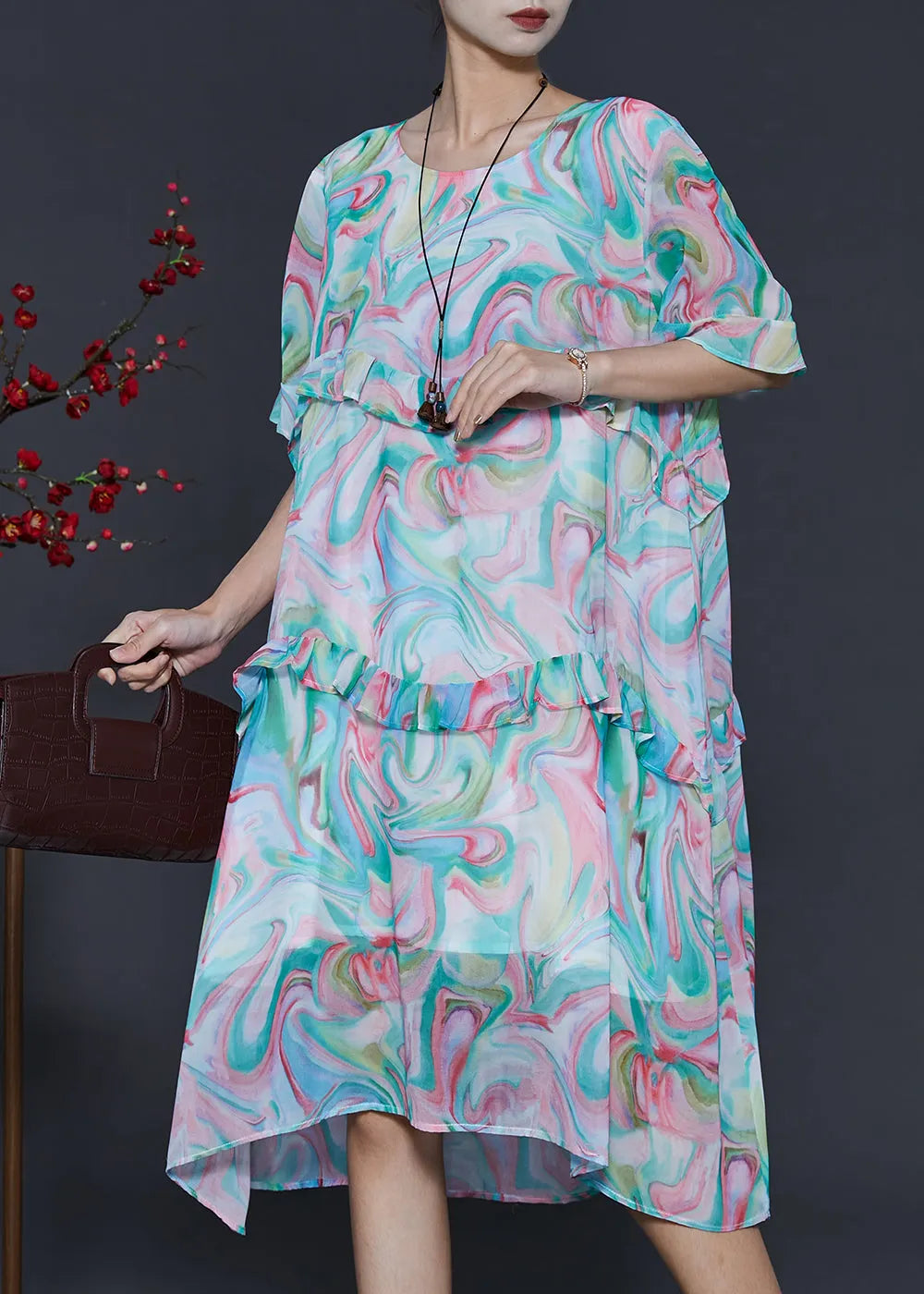Blue Ruffled Print Chiffon Day Dresses Summer