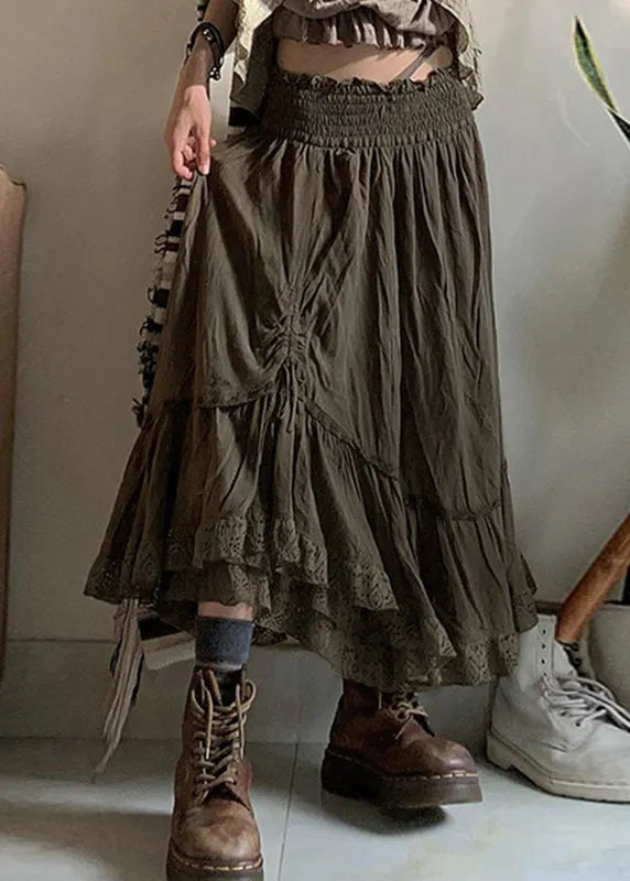 Army Green Ruffled Cinched Elastic Waist Cotton Skirts Fall
