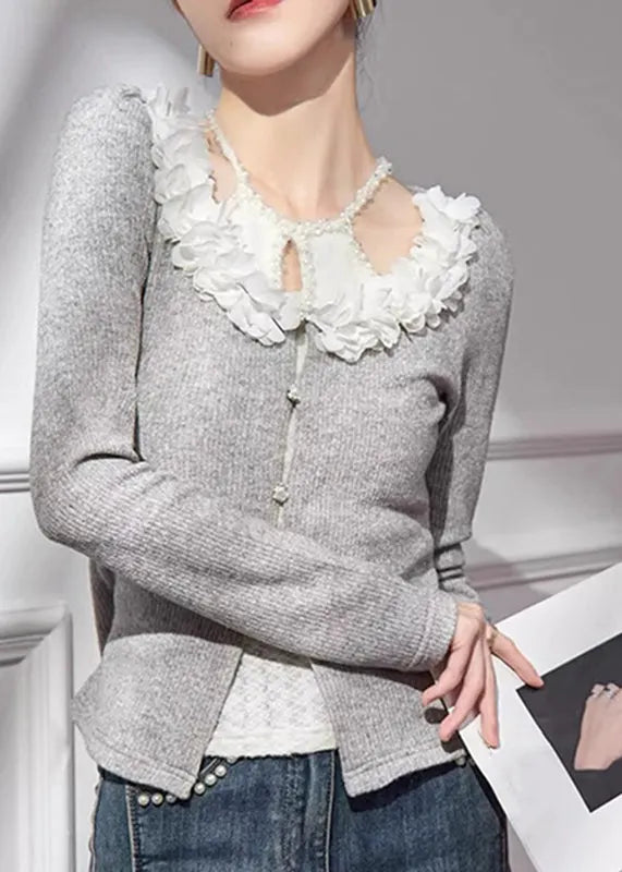 Grey V Neck Cotton Knit Cardigans Fall