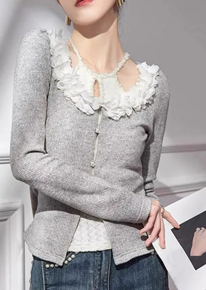Grey V Neck Cotton Knit Cardigans Fall