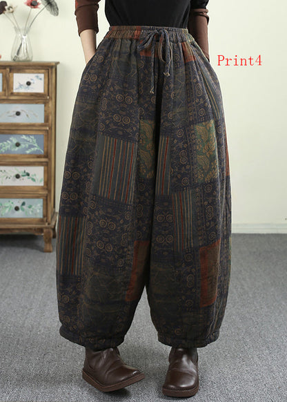 Pockets Print Elastic Waist Fine Cotton Filled Pants Winter