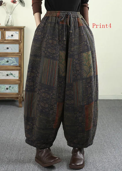Pockets Print Elastic Waist Fine Cotton Filled Pants Winter