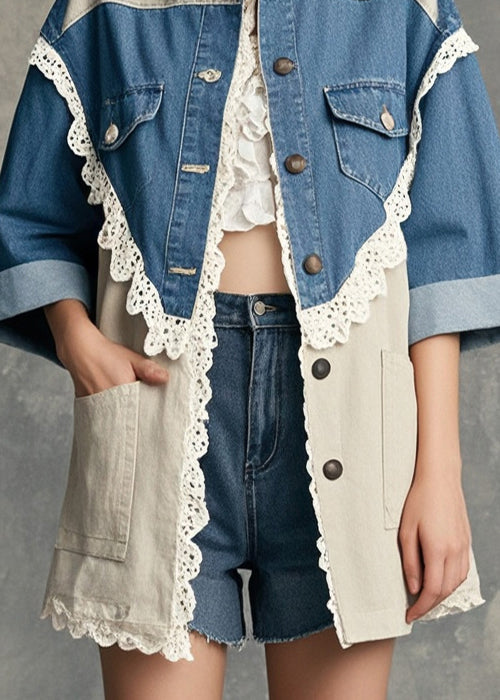 Modern Colorblock Oversized Lace Patchwork Denim Coat Half Sleeve