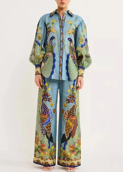 Green Peter Pan Collar Print Shirts and Wide Leg Pants Two Pieces Set Fall