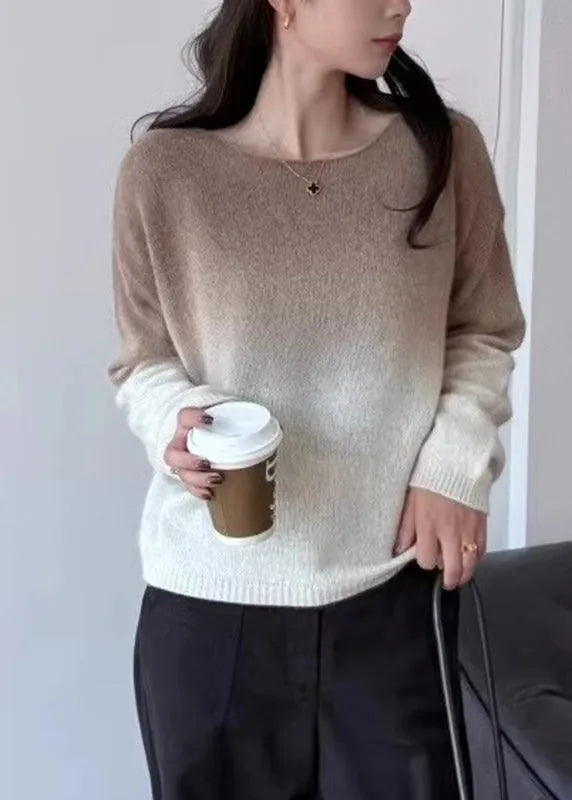 Gradient Color Pink O-neck Cotton Knit Sweaters Winter