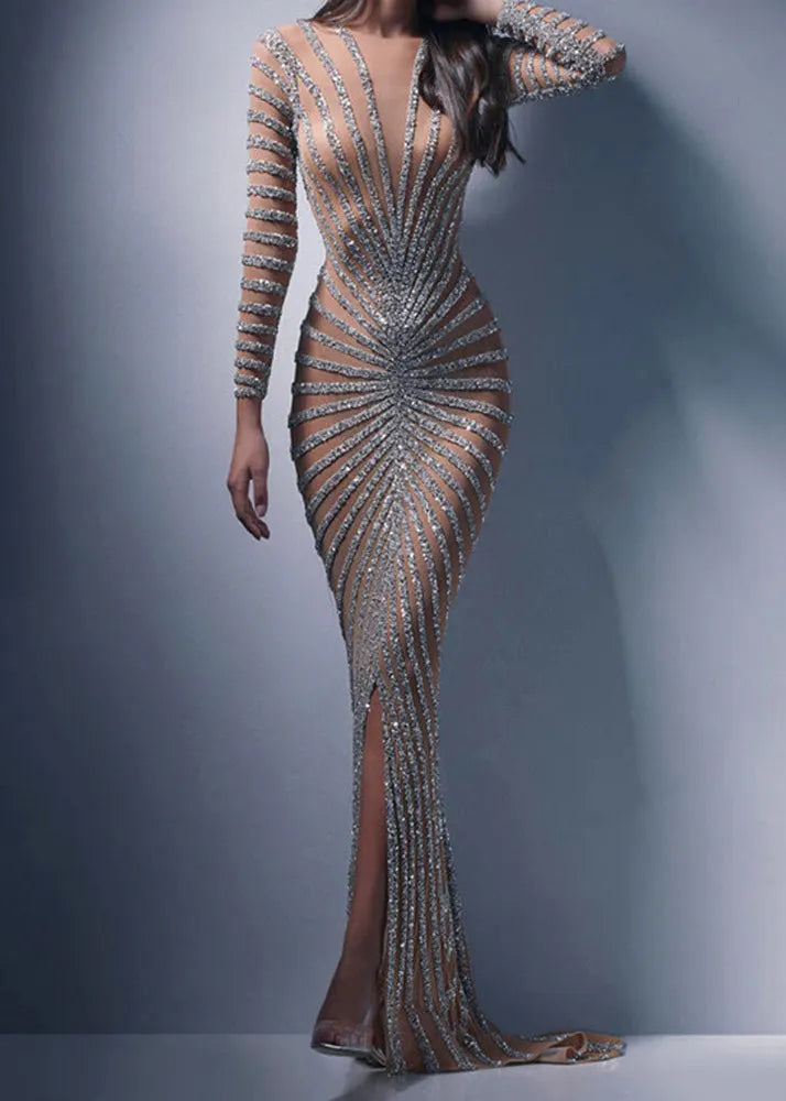 New Silver Zircon Tulle Long Sleeved Slit Maxi Dress