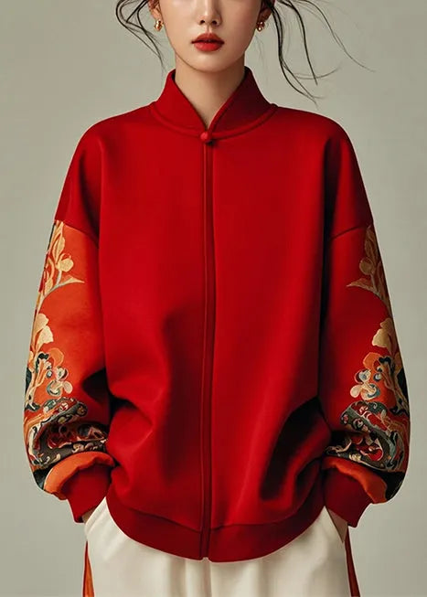 Red Stand Collar Patchwork Cotton Sweatshirt Spring