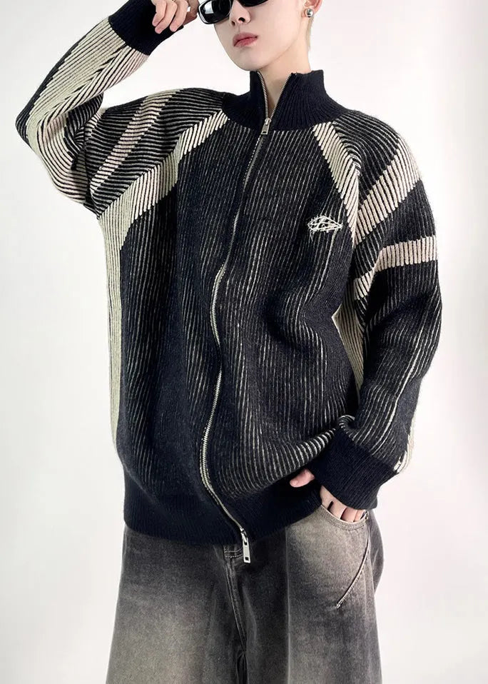 Black Zip Up Knit Fall Coat Stand Collar