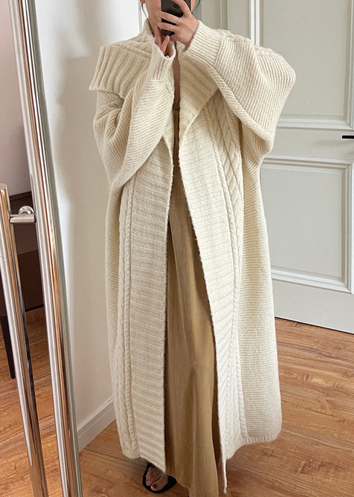 Beige Peter Pan Collar Cozy Cotton Knit Long Cardigan Long Sleeve
