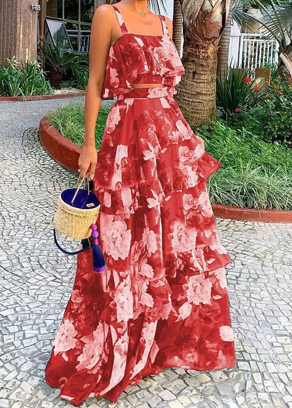 New Photo Color Print Tank and Skirts Two Pieces Set Sleeveless