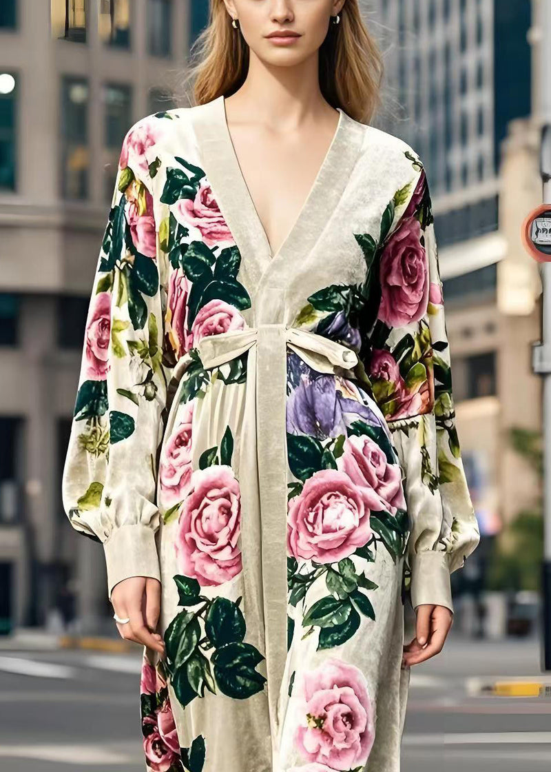 Apricot V Neck Print Silk Velvet Dress Spring