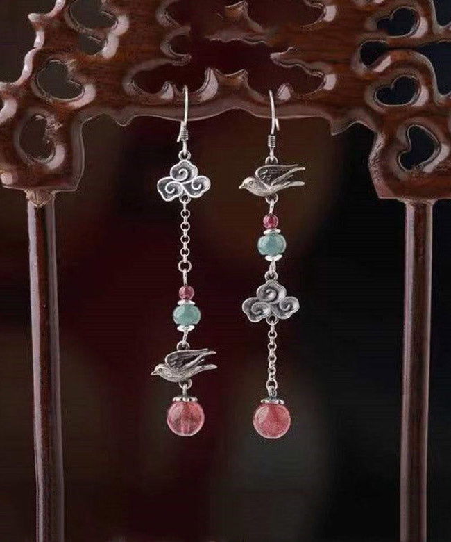 Sterling Silver Crystal Birds Over the Clouds Magpie Drop Earrings