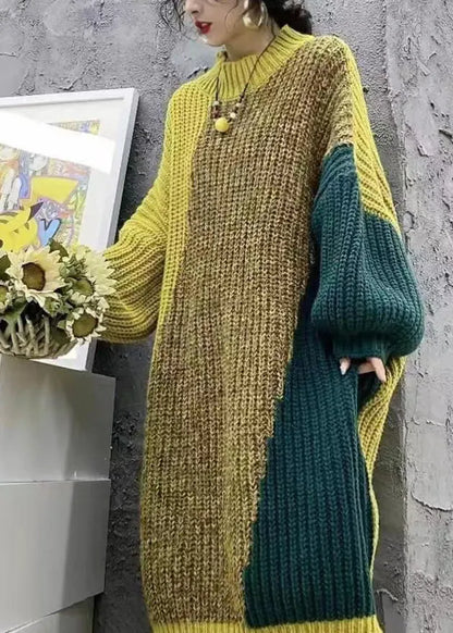 Loose Yellow O Neck Cozy Patchwork Knit Sweater Dress Winter
