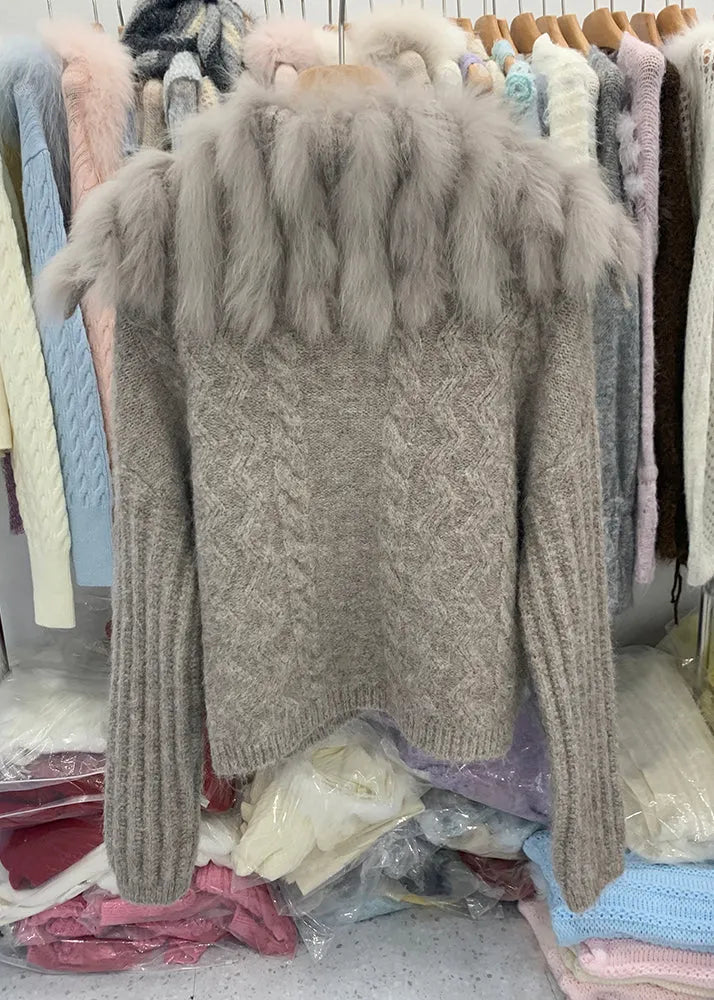 Coffee Fox Collar Zippered Patchwork Cotton Knit Cardigans Winter