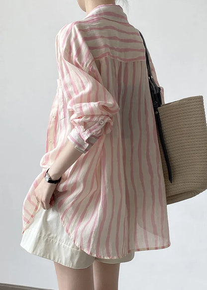 Pink Peter Pan Collar Striped Linen Shirt Tops Fall