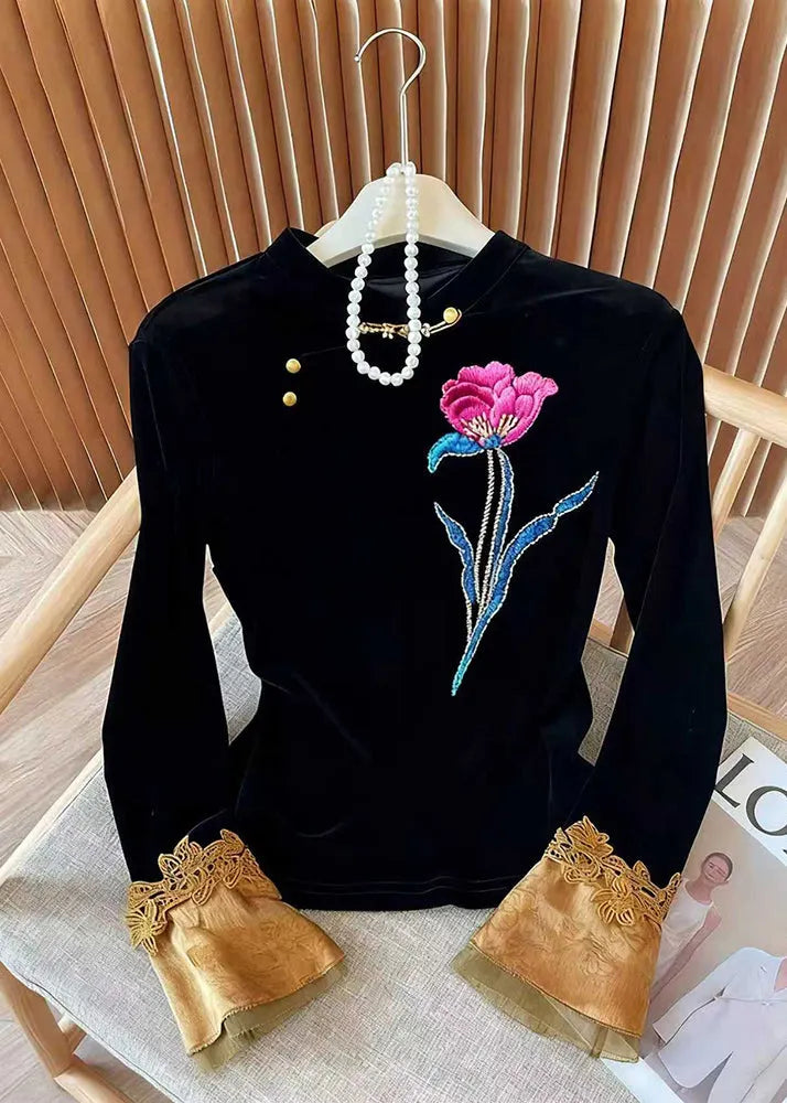 Black Embroidered Silk Velour Blouses Flare Sleeve