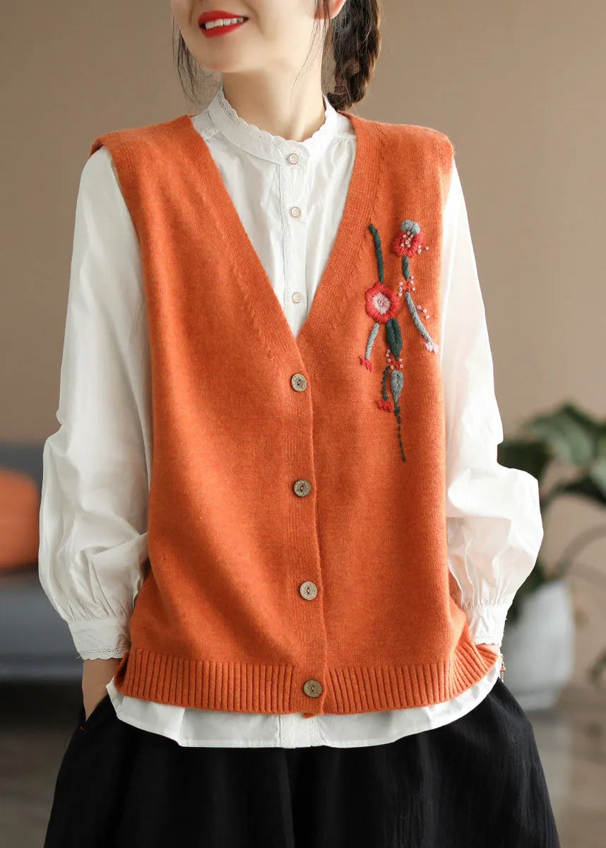 Orange V Neck Embroidered Knit Vest Spring