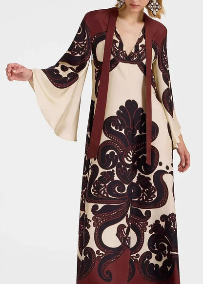 French V Neck Print Lace Up Cotton Long Dress Flare Sleeve