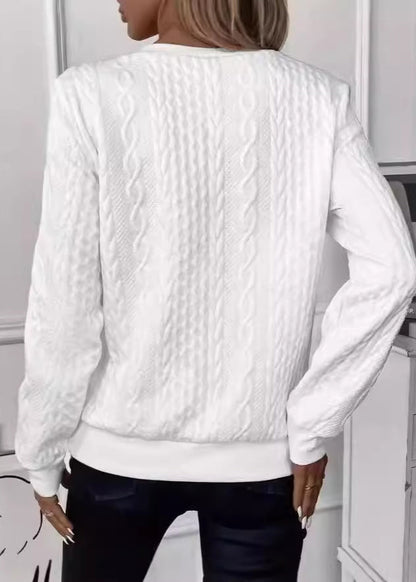 French White Zip Up Patchwork Cotton Pullover Sweatshirt Top Fall