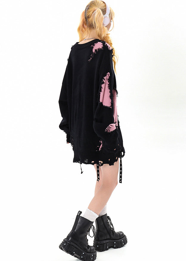 Black Tasseled Patchwork Hole Cozy Sweater Winter