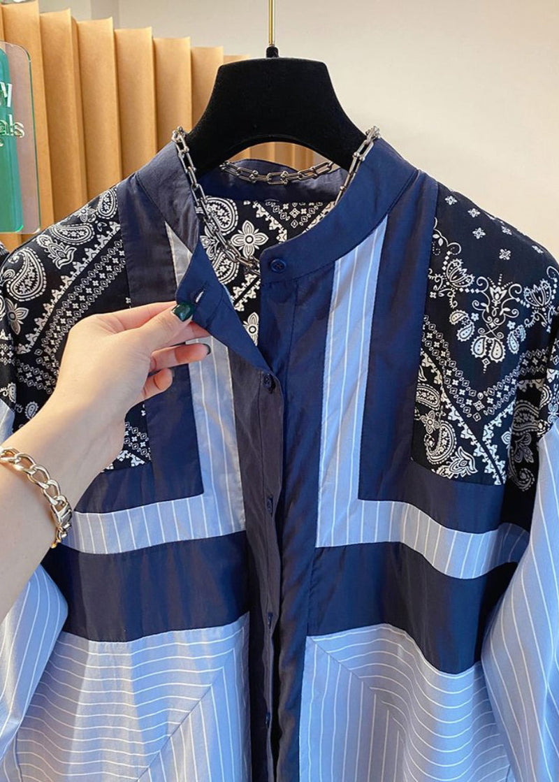 Blue Stand Collar Print Patchwork Shirt Fall
