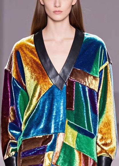 Multicolour Asymmetrical Patchwork Silk Velour Shirts Fall