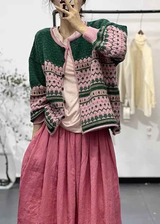 Green O Neck Embroideried Button Knit Cardigans Fall