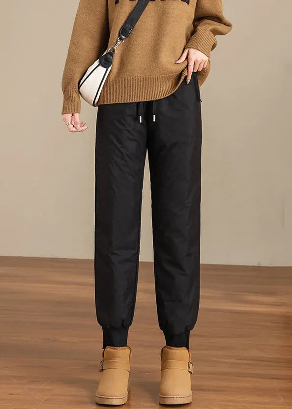New Black Pockets Elastic Waist Thick Warm Fleece Beam Pants Winter