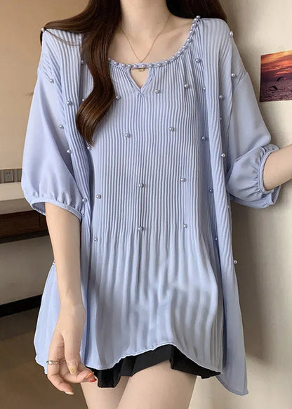 Blue Nail Bead Patchwork Chiffon Blouses O-neck Half Sleeve