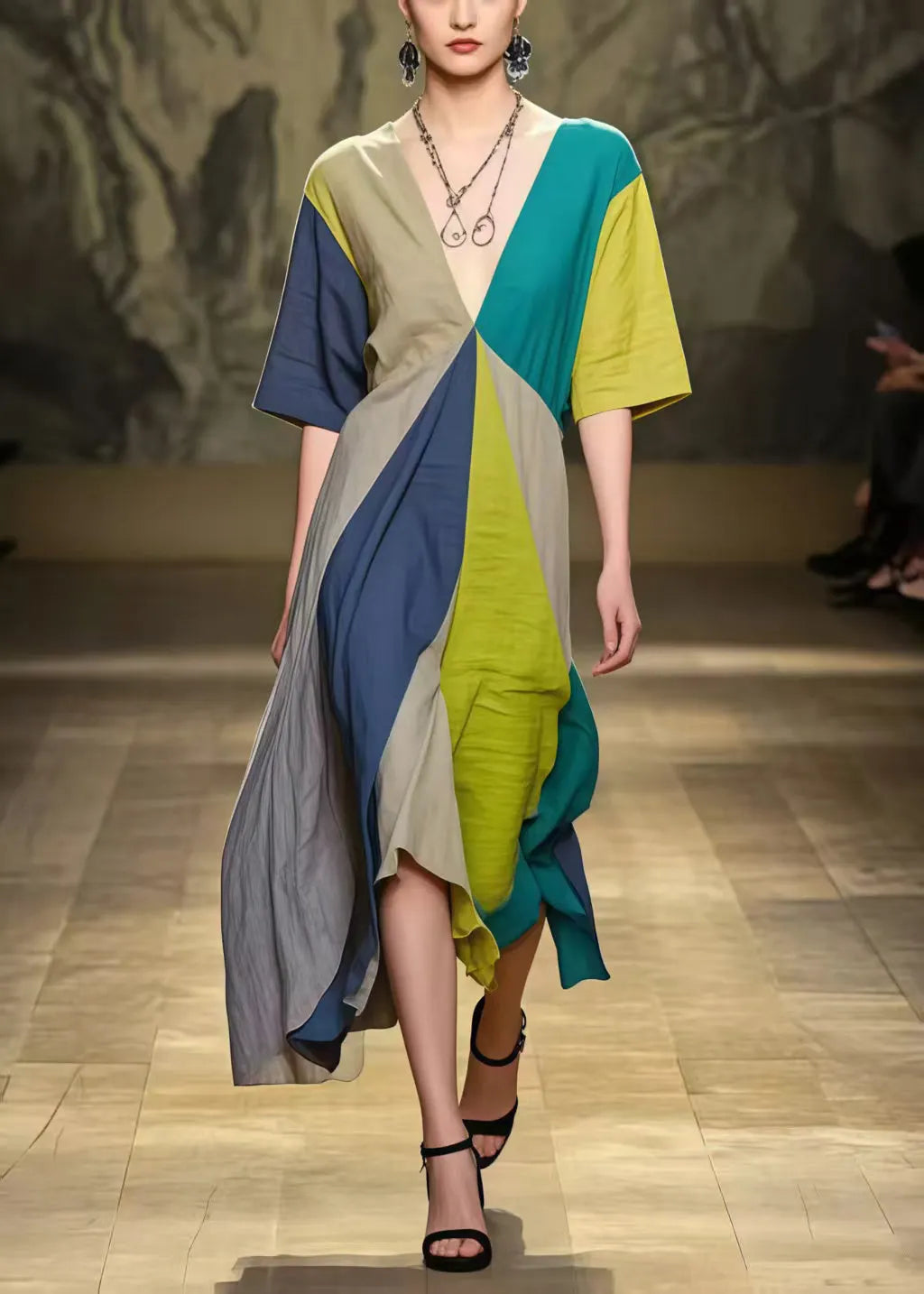 Multicolour Patchwork Cotton Dress Asymmetrical Exra Large Hem Summer