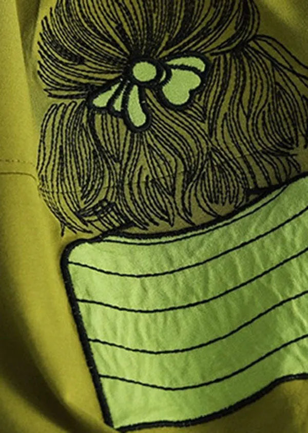 Green Patchwork Cotton T Shirt Top Embroidered Short Sleeve
