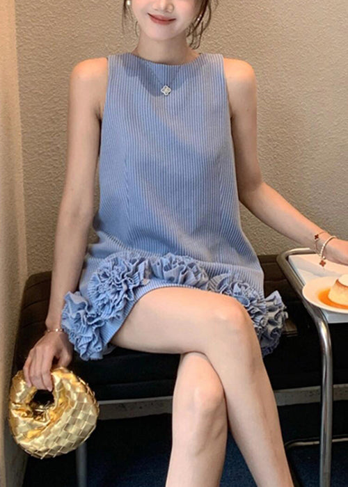 Stylish Blue O Neck Striped Cotton Mini Dresses Sleeveless