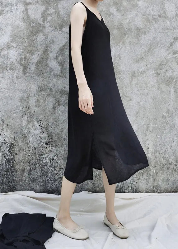 Black Linen Loose Cardigan and Spaghetti Strap Dress Two Pieces Set Flare Sleeve
