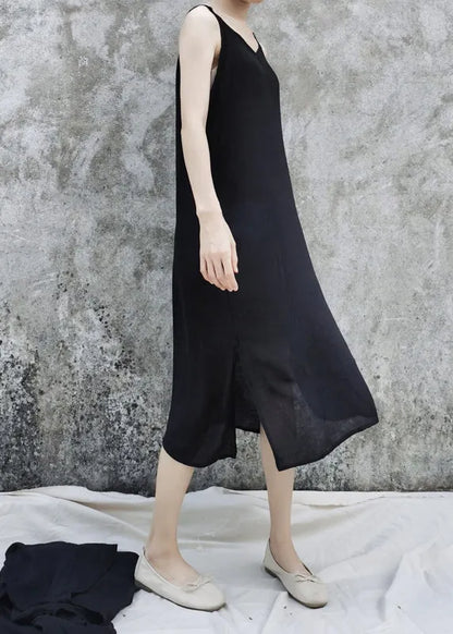 Black Linen Loose Cardigan and Spaghetti Strap Dress Two Pieces Set Flare Sleeve