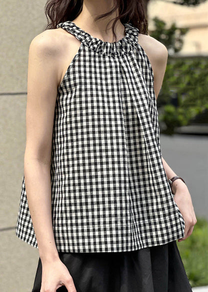 French Plaid O-neck Cold Shoulder Cotton Top Sleeveless