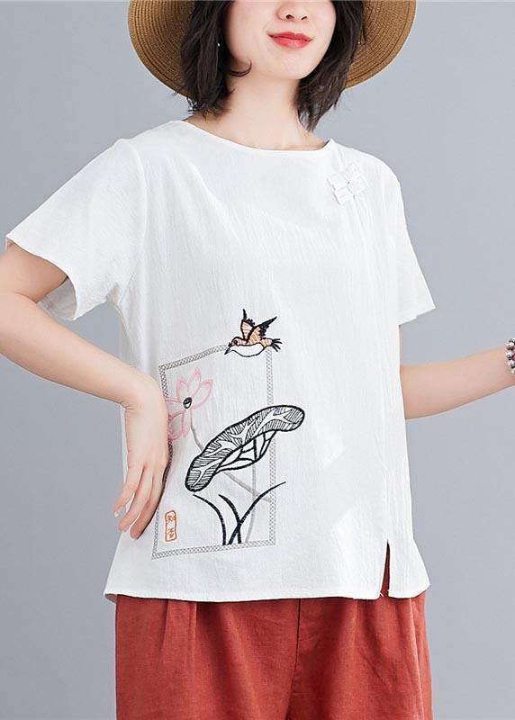 Fitted White Embroidered Lotus Blouse Tops Summer Cotton Linen