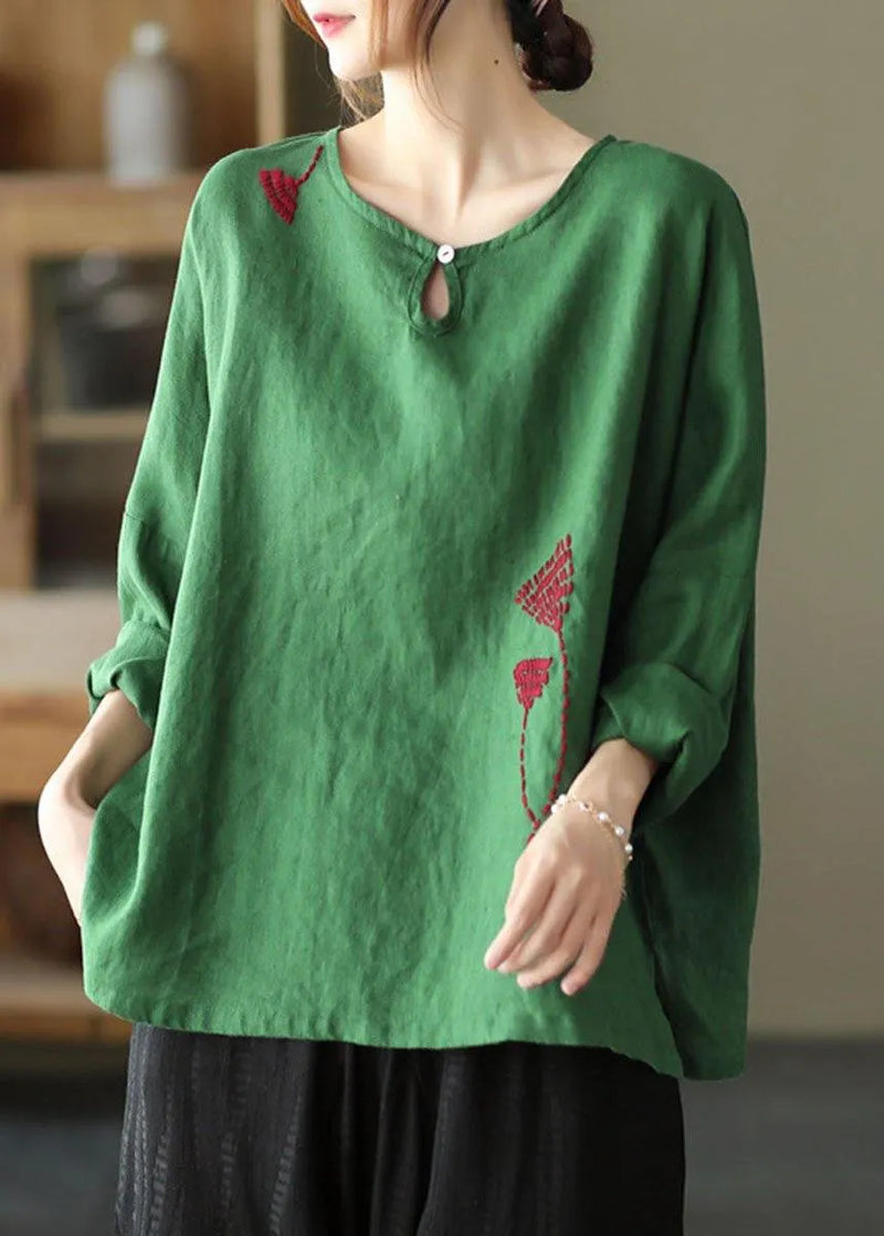 Green Loose Embroidered Fall Linen Shirt Tops Long Sleeve