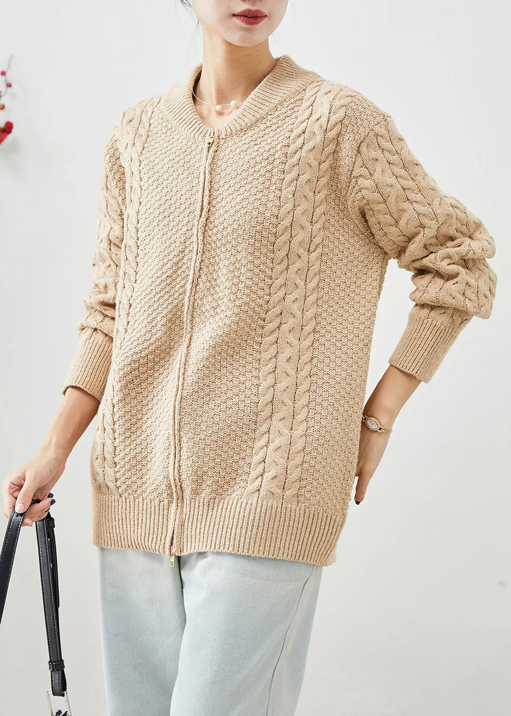 Diy Khaki Zip Up Thick Cable Knit Coats Fall